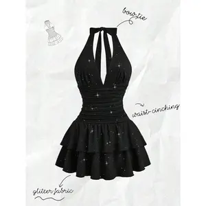 Women's Spring/Summer New Black Shiny Fabric Halter Tie Waist Double Ruffle Hem Casual Everyday Dress