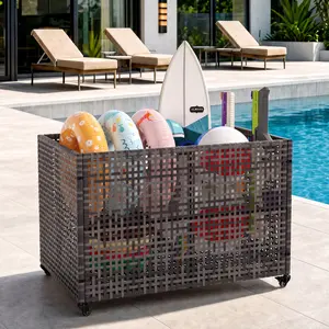 Movable Rattan Poolside Storage Bin - Durable Outdoor Organizer with Mesh Sides & Rolling Wheels for Pool Floats, Toys, Noodles, Equipment, Patio Storage Solution