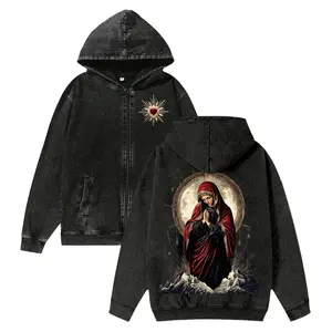 Unisex Holy Mary Faith Washed Cotton Zipper Hooded Sweatshirt，Retro Classic For Autumn And Winter Pure Cotton Zipper Hooded Sweatshirt Warm And Comfortable ，Made in USA Zipper Hooded Sweatshirt