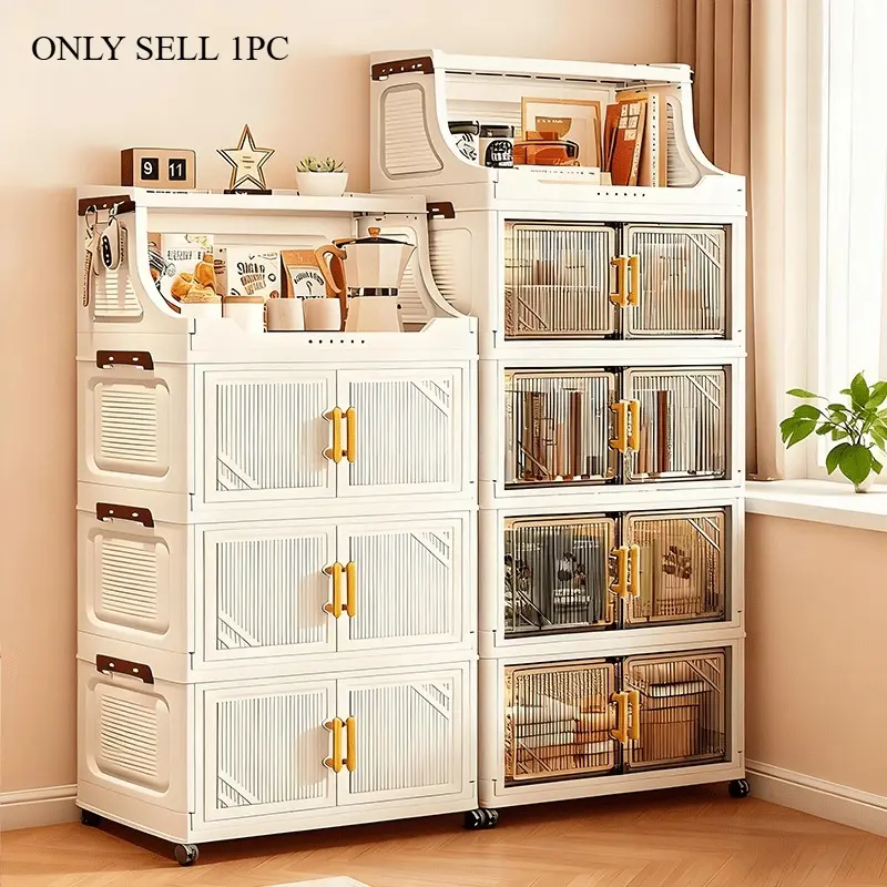 1pc Foldable Storage Cabinet, Plastic Organizer Cabinet - Heavy-duty Plastic Storage Box with Open Shelves, Space-saving Foldable Design, Suitable for Living Room, Bedroom, Kitchen, Office - Home Organization and Small Spaces