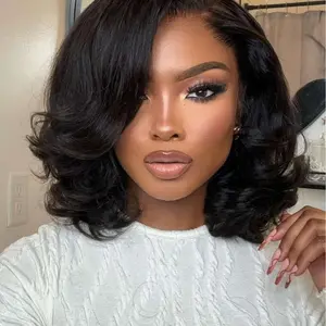 Glueless Bob Wigs Human Hair Pre plucked Pre Cut Natural Black Loose Body Wave short Wig 13x4 Lace Pre-Bleached Knots HD Lace Front Wigs Human Hair for Black Women, Glueless Frontal Wig