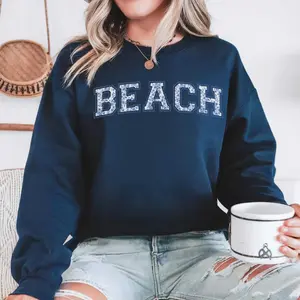Blue Toile Beach t-shirt  Sweatshirt Oversized Crewneck Unisex Graphic Tee for Beach Lovers Machine Washable Casual Autumn Top
