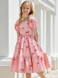 Tween Girl Plaid Bow Print Puff Sleeve Vacation Style Dress