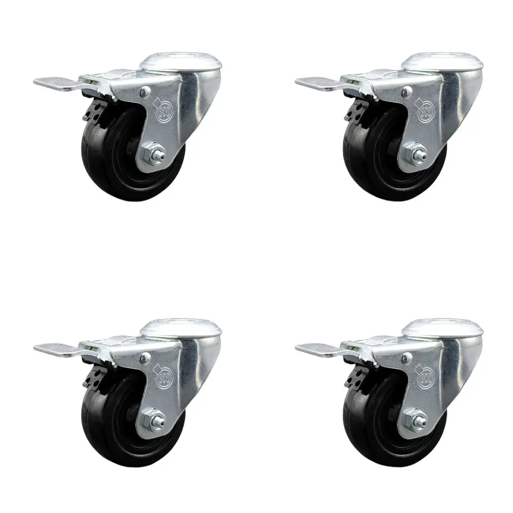 Service Caster SCC-SSBHTTL20S314-HRS-4 Stainless Steel Rubber Castors (Service Caster Series #20), 3x1.25 in Black Wheels, Total Lock Brakes, Ball Bearing, 1100 lbs Capacity, Bolt Hole Swivel Castors for Material Handling Carts, Equipment - Set of 4