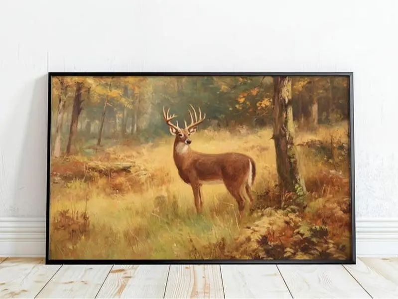 Vintage Whitetail Deer Wall Art, Rustic White-Tailed Deer Painting, Antique Buck Wildlife Print, Rustic Cabin Artwork, Vintage Deer Hunting Poster, Wildlife Wall Decor, Gift for Hunters & Nature Lovers