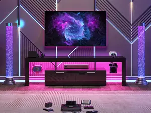 63" High Gloss LED TV Stand for 55/65/75/ Inch TVs, Gaming Entertainment Center with Cabinet for PS5, Modern Media Console TV Stand with LED Lights, Wood Television Stand with Storage for Living Room, Game Room, Bedroom, White/Black