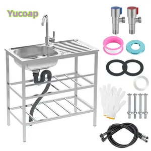 YUCOAP Freestanding Stainless Steel Outdoor Utility Sink with Storage Shelf, Hose and Quick Drain for Garden, Patio, Food Truck and Restaurant