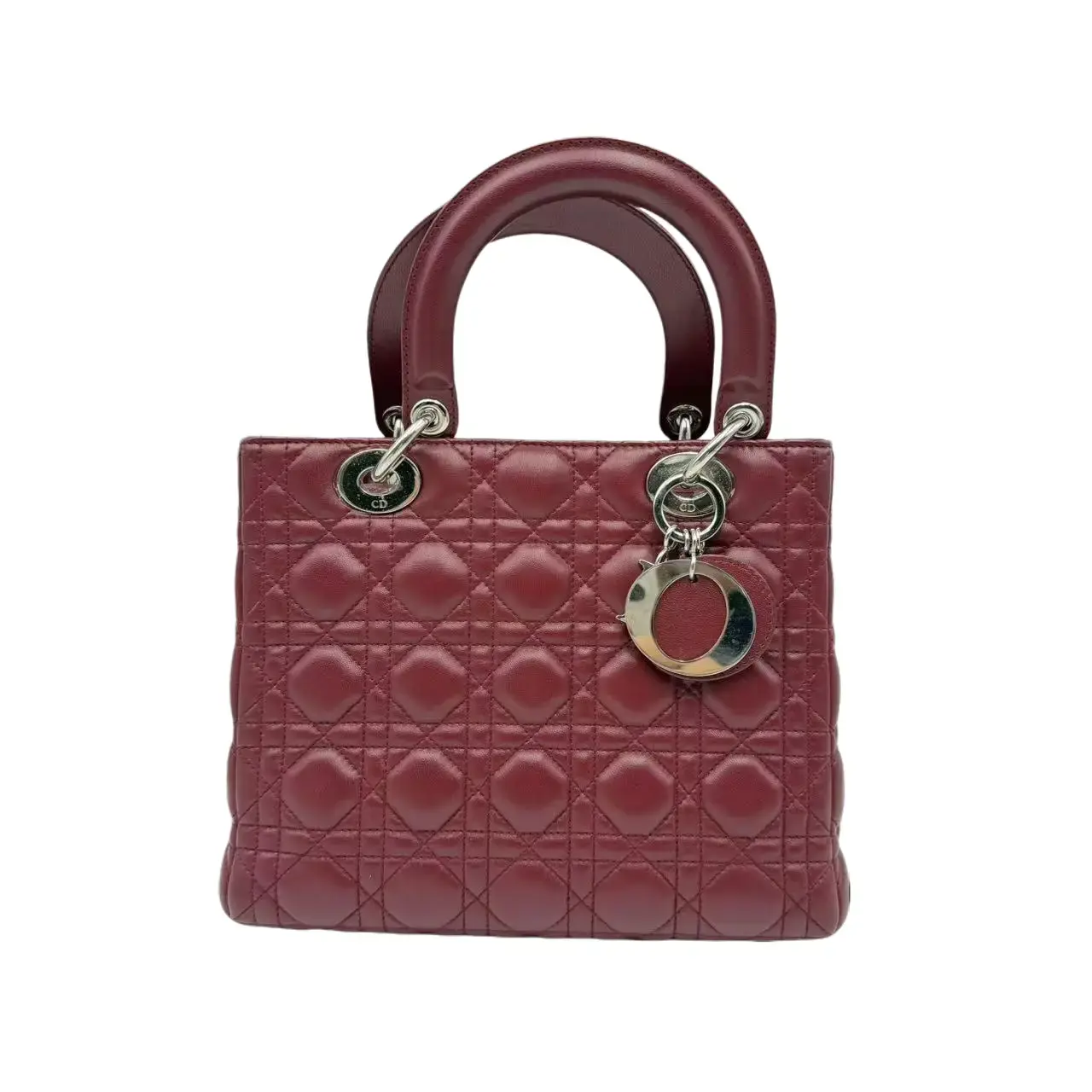Pre-owned Dior Hz9 Lady Dior, medium size, burgundy, lambskin, handbag/crossbody bag 70780