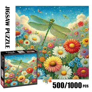 1pc 1000 piece adult puzzle 58x58cm Dragonfly in a Colorful Flower Field with Butterflies and Stars 500 pieces paper jigsaw puzzle suitable for DIY creative games for adults and families, birthday, Montessori Puzzles Gift