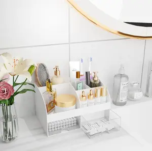 Makeup Organizer with Drawers, Cosmetic Storage Box for Vanity Dresser Bathroom Countertop, Skincare & Makeup Holder for Lipstick Brush, Beauty Organizer Display Case for Makeup Storage (White)