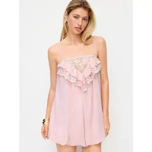 Cider Square Neck Lace Panel Ruffled Mid Rise Bubble Hem Romper