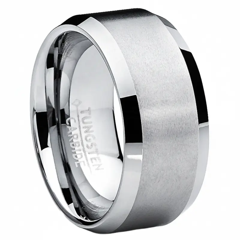 Men's 10MM Brushed Tungsten Carbide Wedding Ring - Matte Center, Comfort Fit, Hypoallergenic, Invisible Laser Engraved Artificial Gemstone Band, Sizes 7-15, Complimentary Jewelry Box