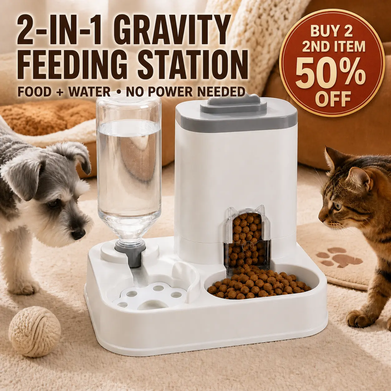 [Second item half price] PAWSURD 2-in-1 Automatic Gravity Pet Feeder & fresh Water Dispenser, Adjustable Food Flow, No Power Needed, Ideal for Home & Short Trips, Cats & Small Dogs