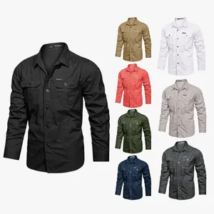 Men's Long Sleeve Cotton Work Shirt Casual Loose Fit Button Down Shirts with 2-Pocket for Outdoor Safari