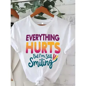 Plus Size - Plus Size - 0-8XL Plus Size Casual Fashion Printed T-Shirt for Women, Trendy Base Layer for Daily Outings, Unique Style Suitable for All Seasons, Comfortable Fit, Featuring a Humorous Quote "Everything Hurts