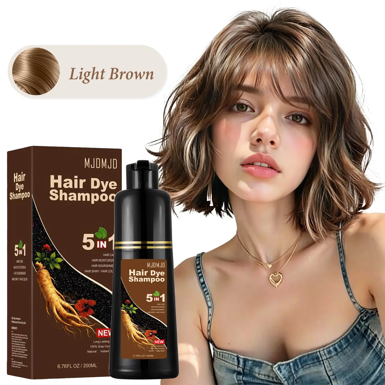 Instant Light Brown Hair Color, 5-in-1 Ginseng Dye Shampoo for Gray Hair & Root Touch Up, Moisturizing Nourishing Herbal Formula, Ammonia-Free No Bleach Semi-Permanent Color, Fast At-Home Coloring, Long-Lasting Haircare for Women & Men, 200ml