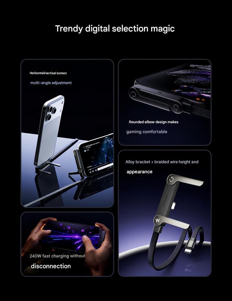 2026 New 2-in-1 Type-C Cable with Invisible Phone Stand, 240W Super Fast Charging, Perfect for Gaming, Office, Car & Travel, Compatible with iPhone, Samsung & All Type-C Devices