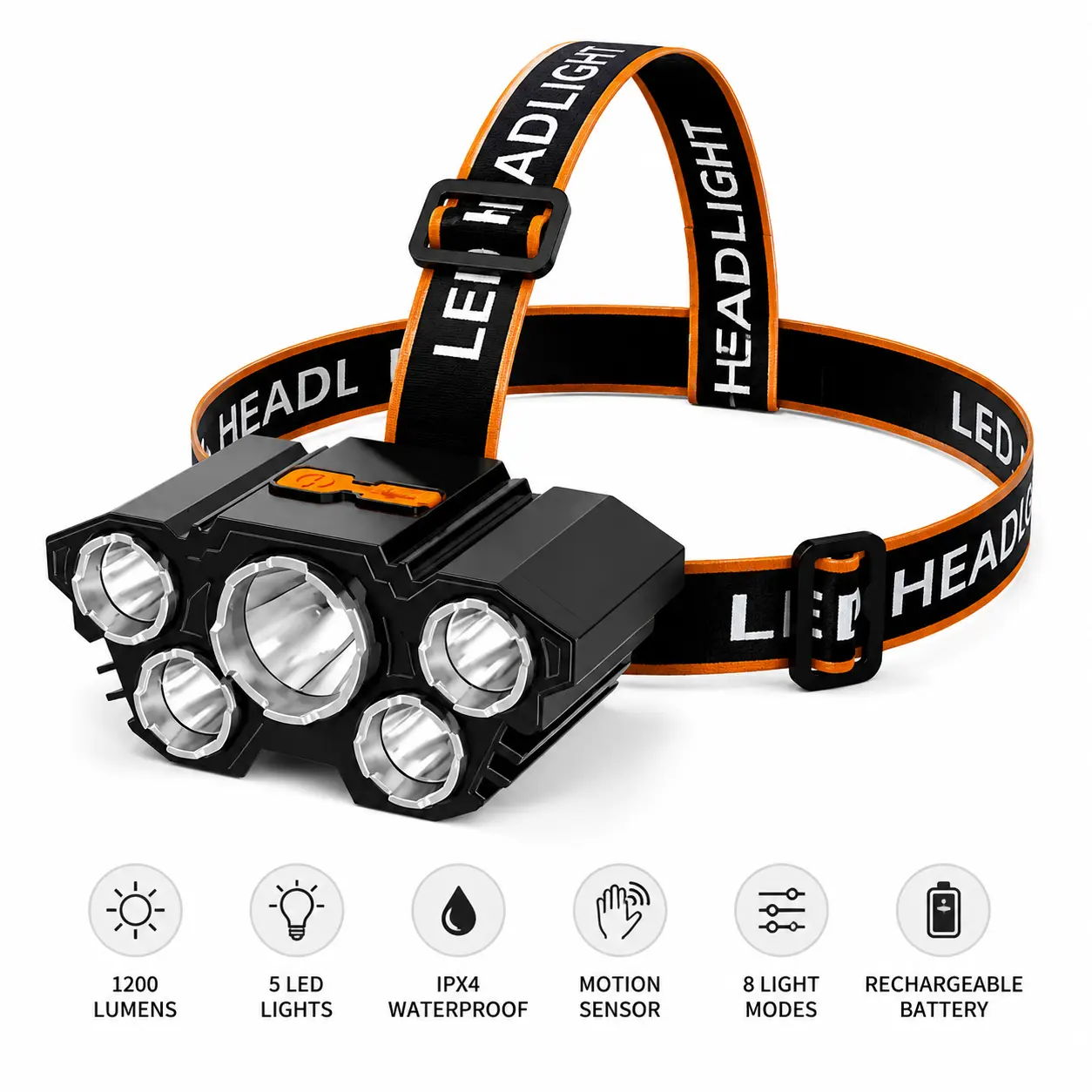 5 LED 1200 Lumens Motion Sensor Headlamp 2 Pack, IPX4 Waterproof Rechargeable Head Light with 8 Lighting Modes, Adjustable Lightweight Head Flashlight for Night Fishing, Camping, Trail Running, Hiking & Outdoor Emergencies