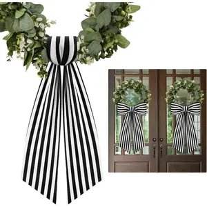 2 Pack Boxwood Wreath Sash Garland for Front Door Porch Decor (Black and White Stripe)
