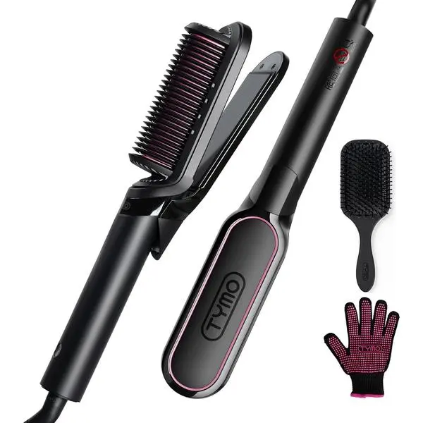 TYMO Flat Iron Hair Straightener Brush 2 in 1, 200M Ions Hair Straighteners for Women, Ceramic Straightening Hot Comb for Anti-Frizz Straights, Waves, Curl, 3X Less Heat Damage, Dual Voltage, Black