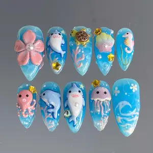 Ocean Blue Sea Life Press-On Nails, 3D Shark, Turtle, Jellyfish & Starfish Design, Glossy Aqua Base, Summer Beach Vibes, Cute Marine Nail Art, Custom Handmade Set