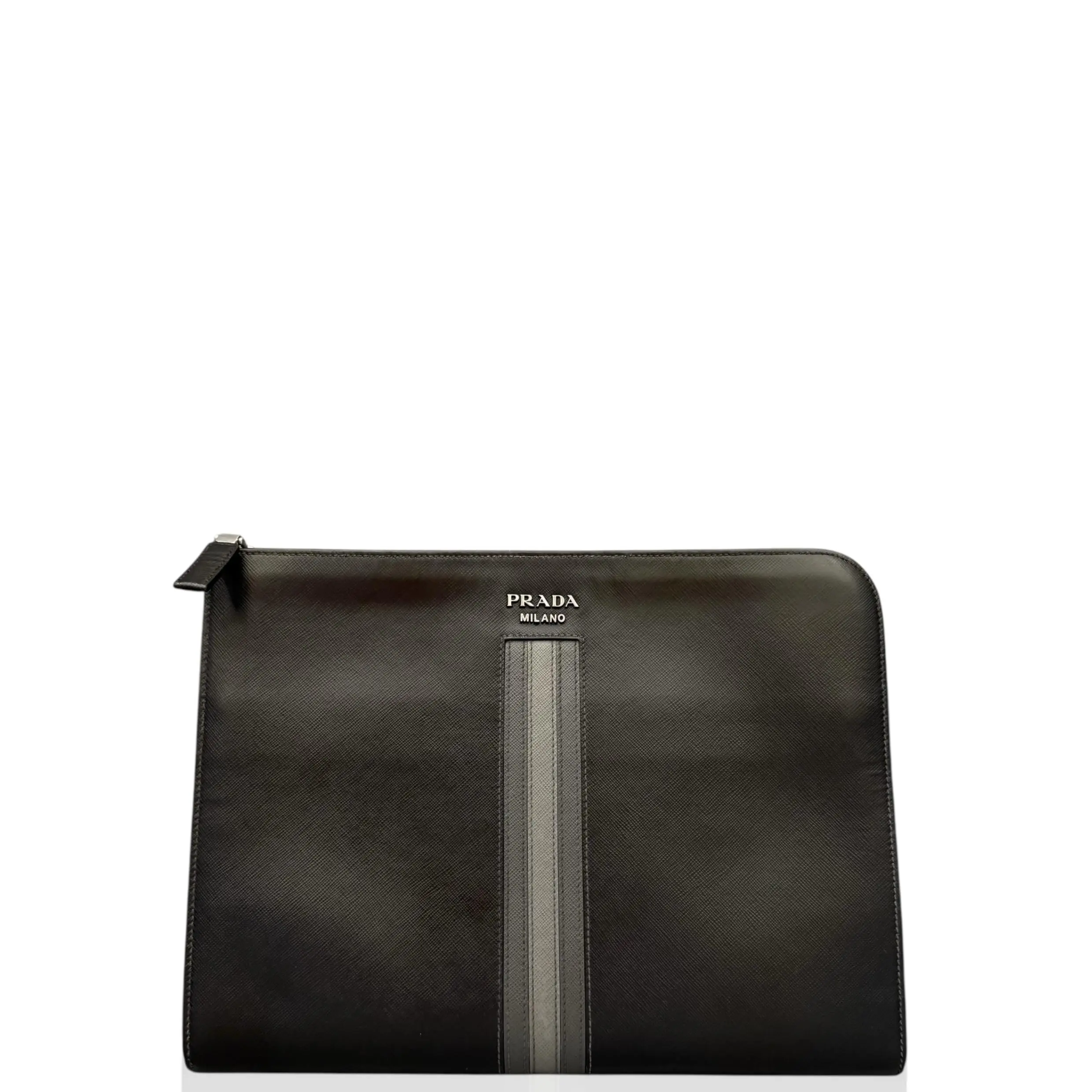 Pre-owned PRADA Leather clutches & wristlets Bill Pouch Saffiano Calfskin Black Grey (kc042426a5)