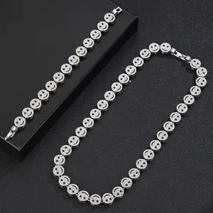 Fashion Hip-hop Smiley Face Cuban Chain with 8-inch Bracelet Set, Exquisite Couple Necklace Set, Thanksgiving Christmas Mother's Day New Year Gift Fashionable Jewelry Set Zirconia Jewelry Set