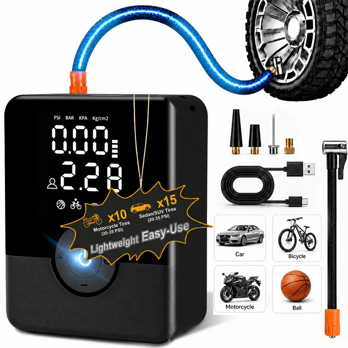 New Portable Tire Inflator 150 PSI, Cordless Air Compressor with Digital Pressure Gauge, Rechargeable Car Tire Pump with LED Light & Auto Shut-Off, for Cars, Bikes, Motorcycles & Sports Balls