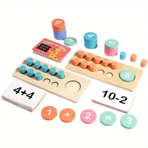 Wooden Ten Grid Number Sense Educational Toy Set, Addition Subtraction Counters, Color Recognition Matching Game, Montessori Math Tool for Kids