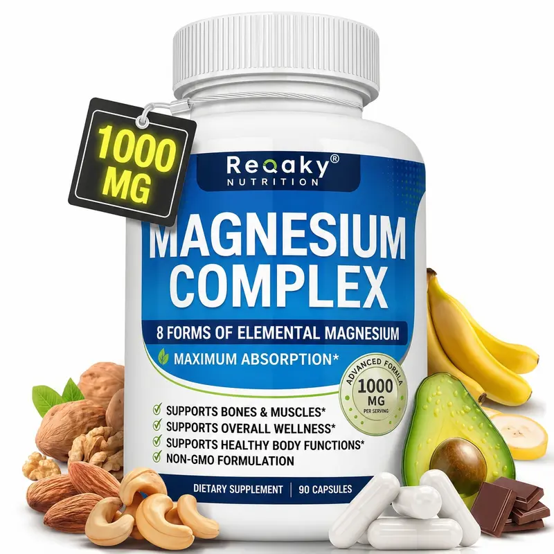 Reqaky Dietary Magnesium Complex - 8 Essential Magnesium Types, 1000mg Sugar-Free Anti-Stress Calming Mineral Supplement for Muscle, Bone Health, Energy Support, Eases Leg Cramps, Vegan, Non-GMO