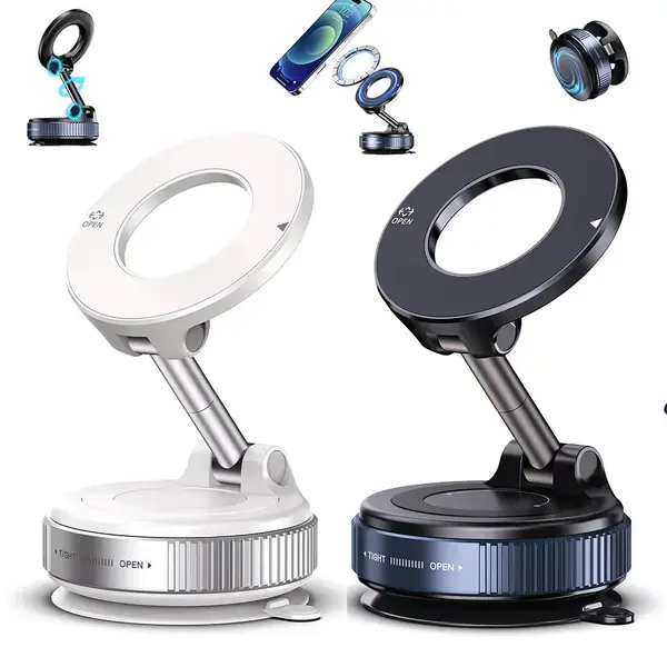 2-Pack Upgraded Vacuum Adsorption Magnetic Car Phone Holder, Black & White Foldable Rotatable Cordless Noise-Free Universal Mount for All Phones