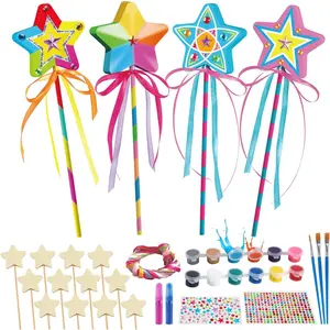 12 Sets Make Your Own Wooden Princess Wand Craft Kit, Fairy Wands Kit Include Fairy Wands, Gems Stickers, Paint & Ribbons Decorate Art DIY Magical Show for Party Supplies for Girls Gifts