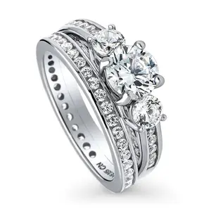 BERRICLE Sterling Silver 3-Stone Wedding Engagement Rings Statement Stackable Band for Women, 1 Carat Round Cut Cubic Zirconia CZ Ring Set