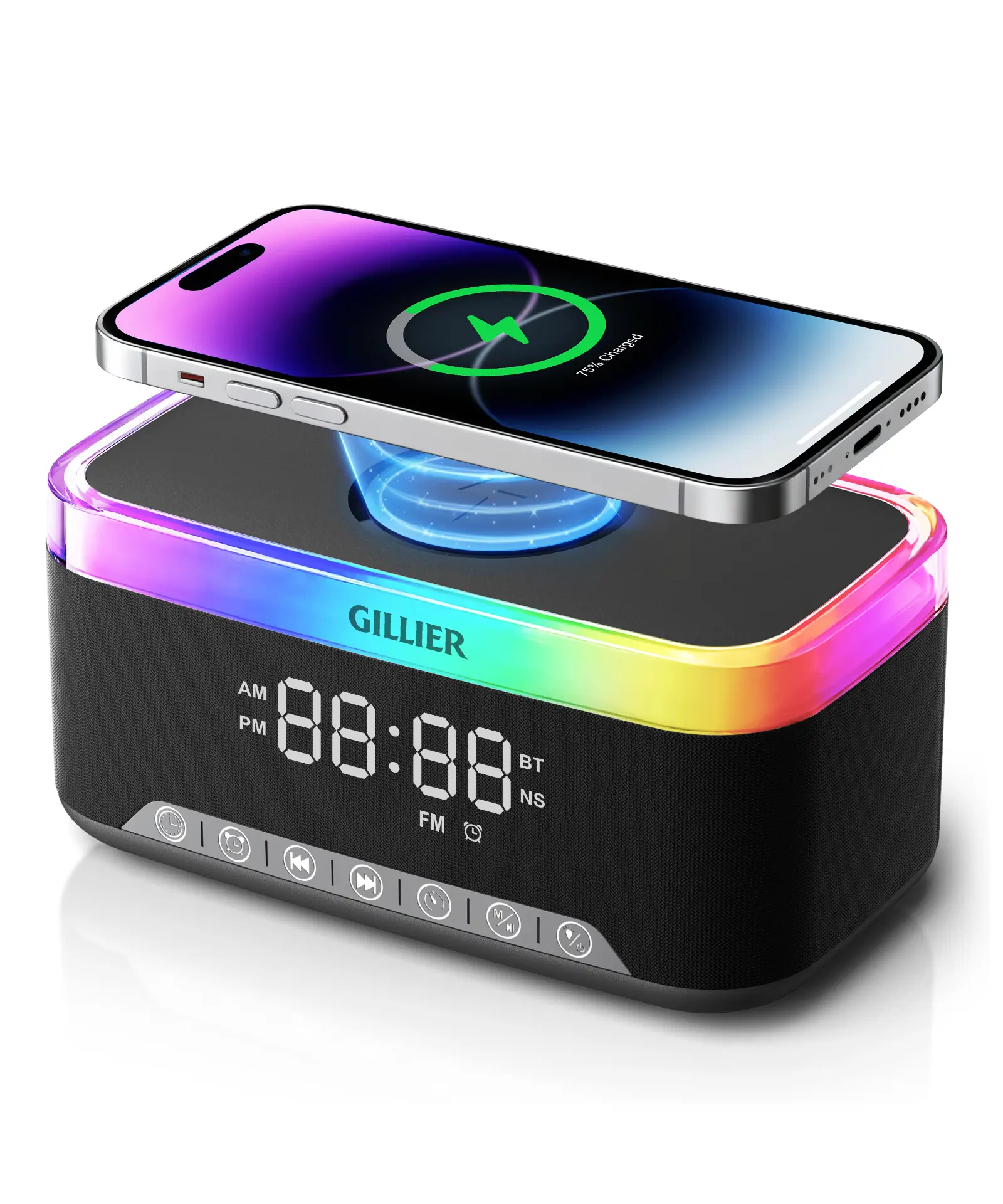 Alarm Clock with Wireless Charging and Sound Machine  15W Fast Charger, 10W Stereo Bluetooth Speaker, FM Radio & 12 Color Night Light  Dimmable Digital Alarm Clocks for Bedrooms