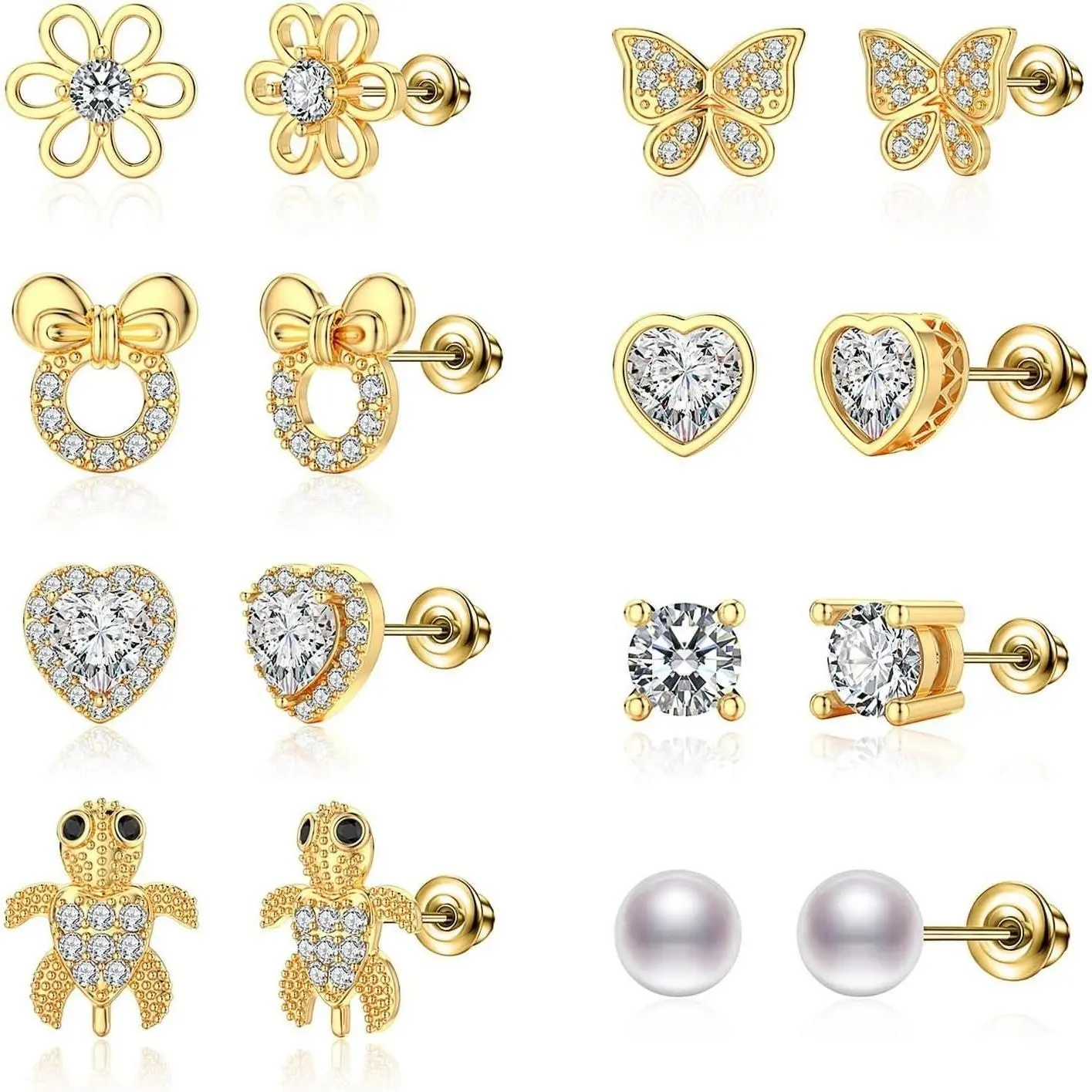 Women's 925 Sterling Silver Hypoallergenic Unisex Stud Earrings (X-BY167, 8 Pairs) - 0.7mm, 12mm Heart CZ, Tiny Butterfly, Circle Earring Backs, Daily Wear, Grandma Gift for Mother's Day/Valentine's Day/Birthday, Bling, Elegant, AAA+, Cubic Zirconia