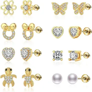 X-BY167  8 Pairs Hypoallergenic Earrings 925 Sterling Silver Stud Earrings White Heart CZ Tiny Butterfly For Kids, Toddlers, Little Girls, Teens, Women