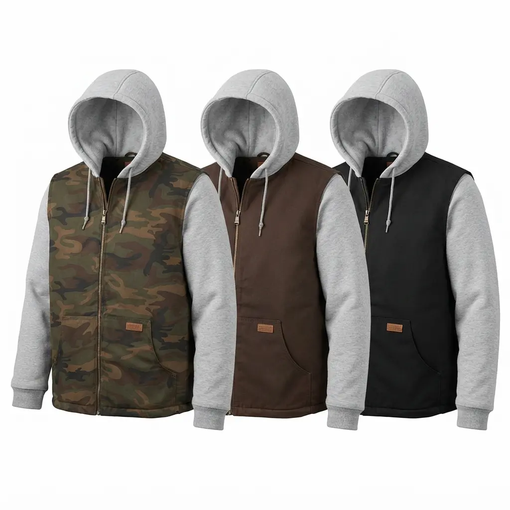 Bass Creek Outfitters Men's Solid Canvas Hooded Neck Loose Vest-Hoody Jacket - Insulated Winter Workwear Top for Outdoor Use, Menswear Tops Casual Comfy Warm Casual Sporty Sweatshirt, Plain, Layer, Mid-Length, Insulated Layer, Extra Warmth, Construction T