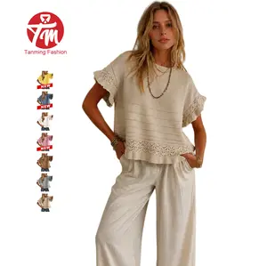 Tanming Women's Crochet Knit Top Short Flutter Sleeve Ruffle Hem Hollow Out Pointelle Crewneck Sweater Casual Loose Boho Eyelet Pullover Blouse for Casual & Office Wear