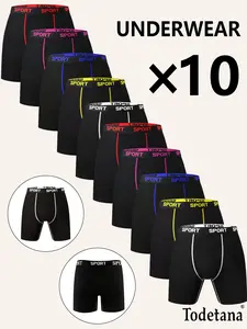 10-Pack Men’s Stretch Boxer Briefs – Slim Fit, Breathable, Moisture-Wicking Underwear for Daily Wear, All Seasons, Athleisure Menswear, Solid Color with Letter Tape, Perfect Christmas Gift