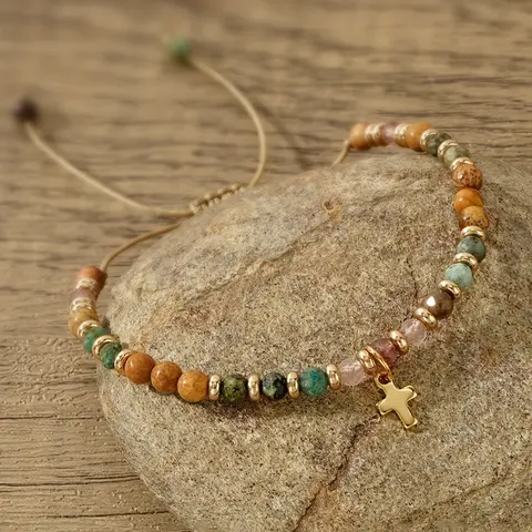 Boho Adjustable Beaded Bracelet with Cross Pendant, Boho Style Bracelet, Stackable Bracelets, Stacking Bracelet, Trendy Bangles, Fashionable Bangle, Handmade Jewelry Gift for Women, Adjustable Beaded Design, Perfect for Christmas & Halloween