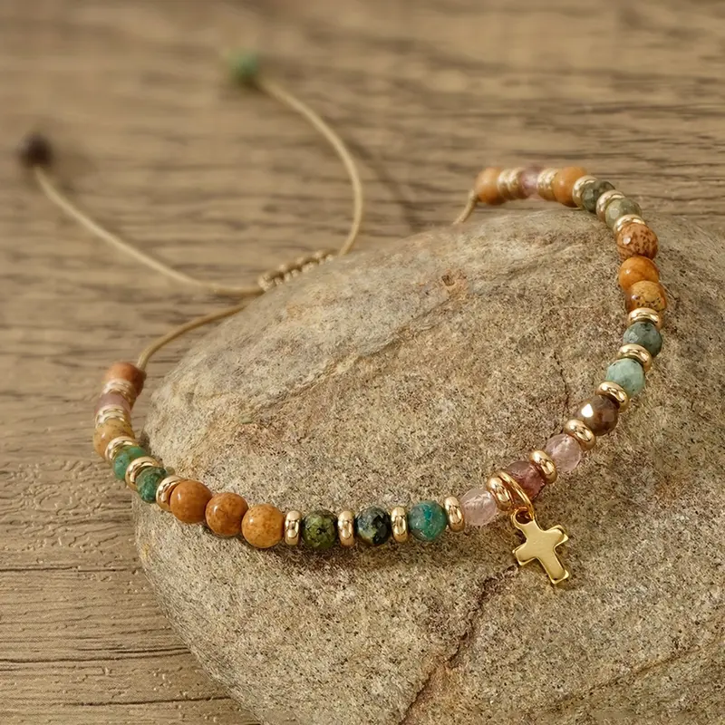 Boho Adjustable Beaded Bracelet with Cross Pendant, Boho Style Bracelet, Stackable Bracelets, Stacking Bracelet, Trendy Bangles, Fashionable Bangle, Handmade Jewelry Gift for Women, Adjustable Beaded Design, Perfect for Christmas & Halloween