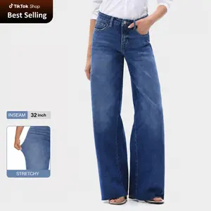 Wide Leg Jeans High-waisted Stretchy Denim No Distressing Buckle Baggy Pants Medium Blue Streetwear Lady Trouser Comfortable Denim Minimalist Tummy Control
