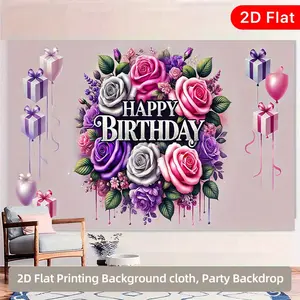 2D Flat, 2D flat banners 1pc, Happy Birthday Bouquet and Gifts, Polyester Photography Backdrop Party door banner birthday supplies, party decoration, perfect for home, garden, yard anniversary celebration and photo boo