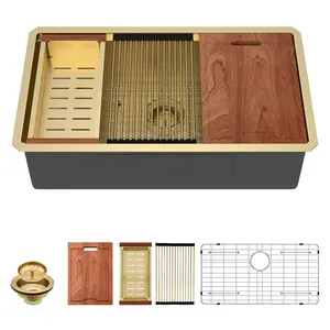 Lordear Gold Undermount Kitchen Sink 33" x 19" Stainless Steel Sinks 16 Gauge Single Bowl Ledge Workstation Handmade Under Counter Kitchen Sink Basin with Built-In Accessories