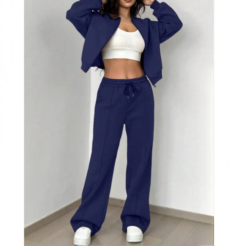 Women's Casual 2-Piece Tracksuit, Solid Plain Polyester Athleisure Set with a Long Sleeve Crop Zip Top Hooded Jacket and Pants, Female, All Seasons, Full-Length Pants, Dry Clean, Fitted, Xxl