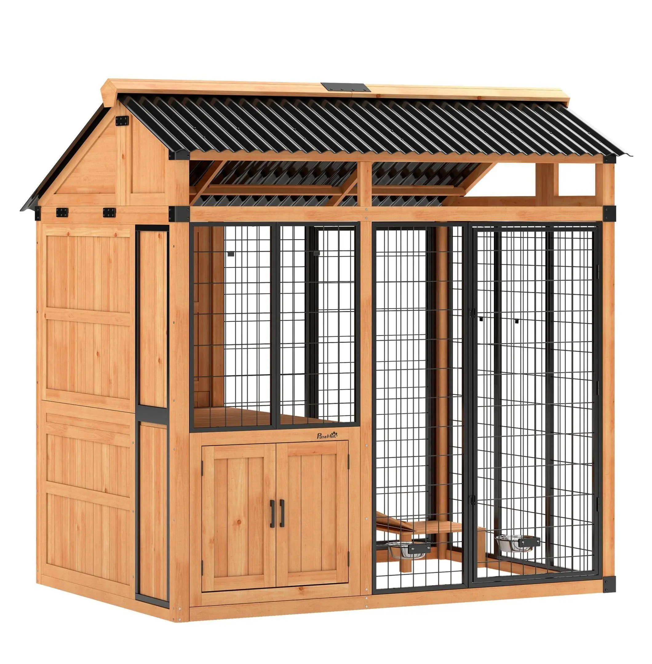 Extra Large Wood Outdoor Dog House (7' x 5', 84.6" L-64.2" W-87.2" H) with Platform, Storage, Mesh, Adjustable Bowls, Waterproof, 66 lbs Capacity, for Large Breeds, Yellow, 84.6" L X 64.2" W X 87.2" H