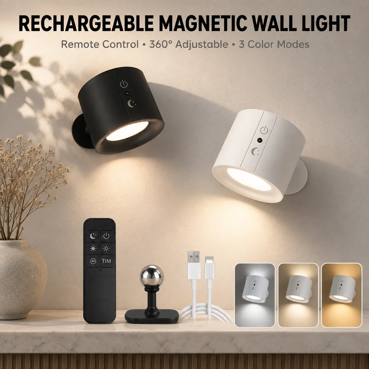 Rechargeable Magnetic Wall Light with Remote Control, 360° Adjustable LED Wall Lamp, 3 Color Temperatures Dimmable Wireless Wall Sconce for Bedroom Living Room Hallway Decor