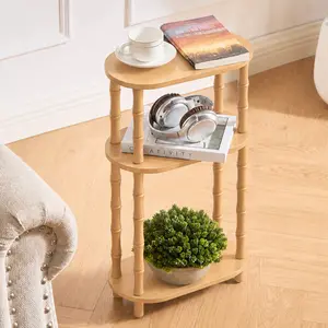 3-Tier Natural Wood Tone Oval Side Table Multi-Use Accent End Table & Nightstand with Bamboo-Style Legs for Small Spaces