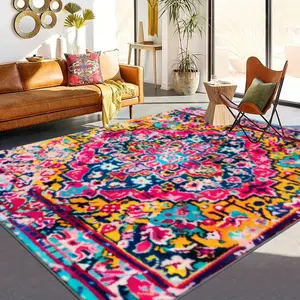 Velvet Soft Comfort Rug, Colorful Geometric Vintage Print Carpet, Home Decor Mat, Living Room Large Rug, Sofa Pad, Bedroom Bedside Mat, Floral Area Rug, Floral Pattern Rug, Boho Area Rug