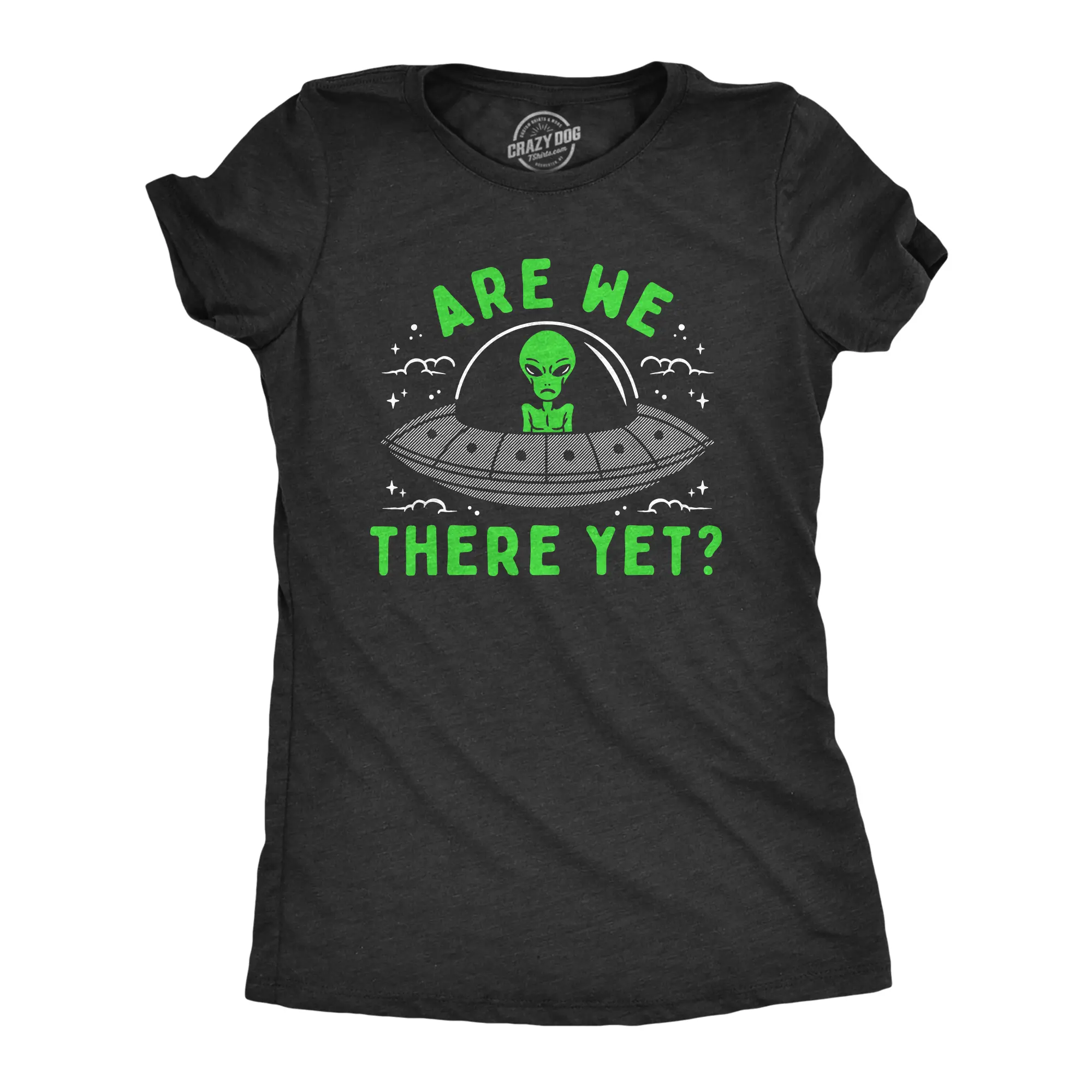 Womens Are We There Yet T Shirt Funny UFO Road Trip Alien Spaceship Joke Tee for Ladies Funny Womens T Shirts Cute Vintage Fashion Casual Ladies T-Shirt Gift Sarcastic Tops for Women Funny Space Top Women's Black -